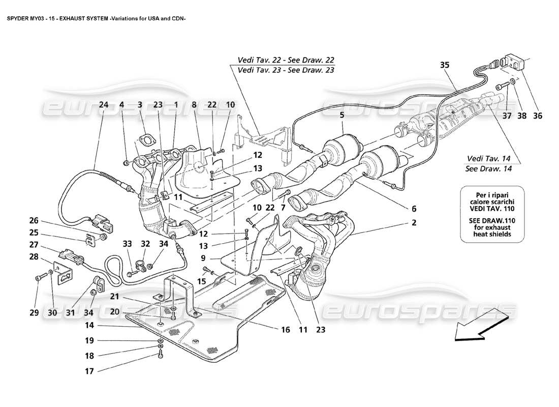 maserati 4200 spyder (2003) sistema de escape: variaciones para ee. uu. y diagrama de piezas cdn