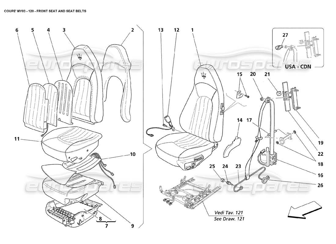 maserati 4200 coupe (2003) diagrama de piezas del asiento delantero y los cinturones de seguridad