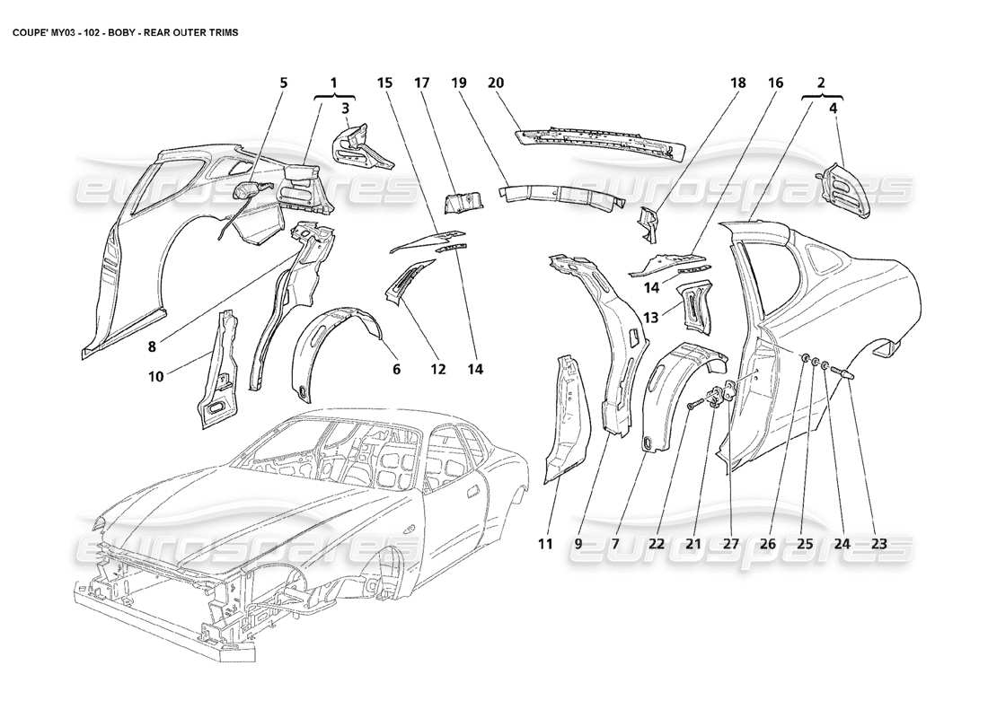 maserati 4200 coupe (2003) carrocería - diagrama de piezas de embellecedores exteriores traseros
