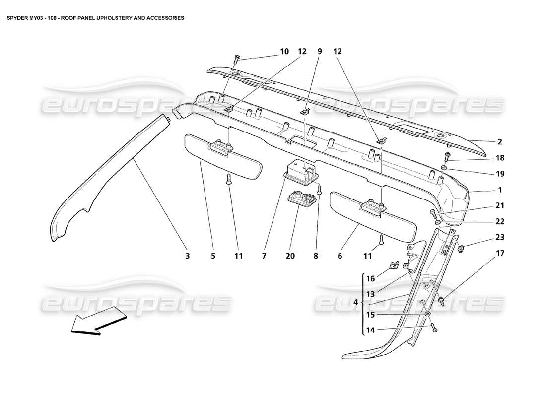 maserati 4200 spyder (2003) diagrama de piezas de tapicería y accesorios del panel del techo