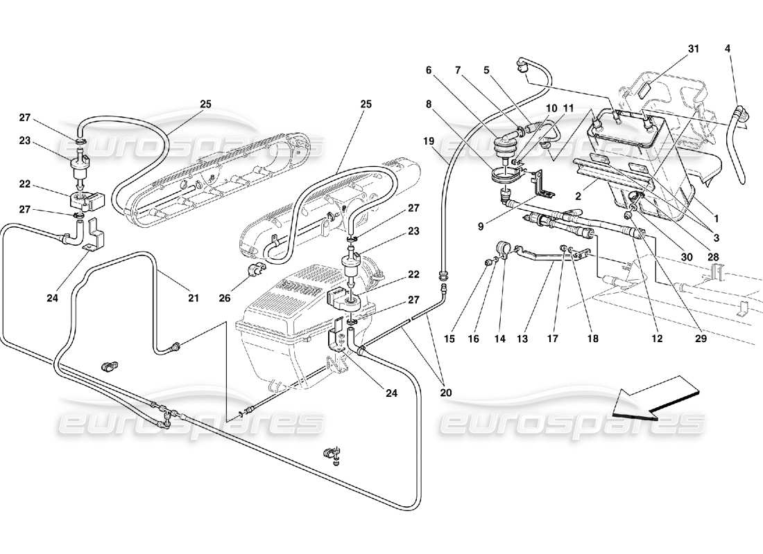 ferrari 550 maranello dispositivo antievaporación - válido para usa my 2000 y cdn my 2000 diagrama de piezas