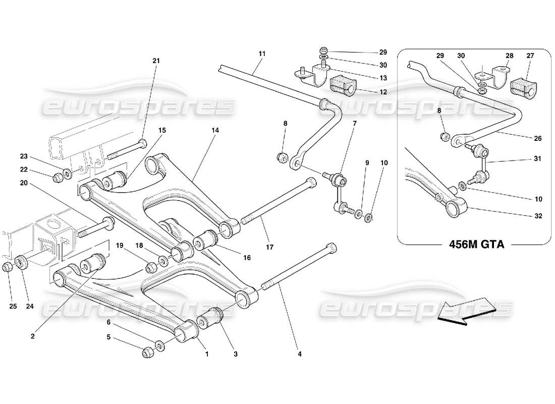 ferrari 456 m gt/m gta suspensión trasera: diagrama de piezas de brazos oscilantes y barra estabilizadora