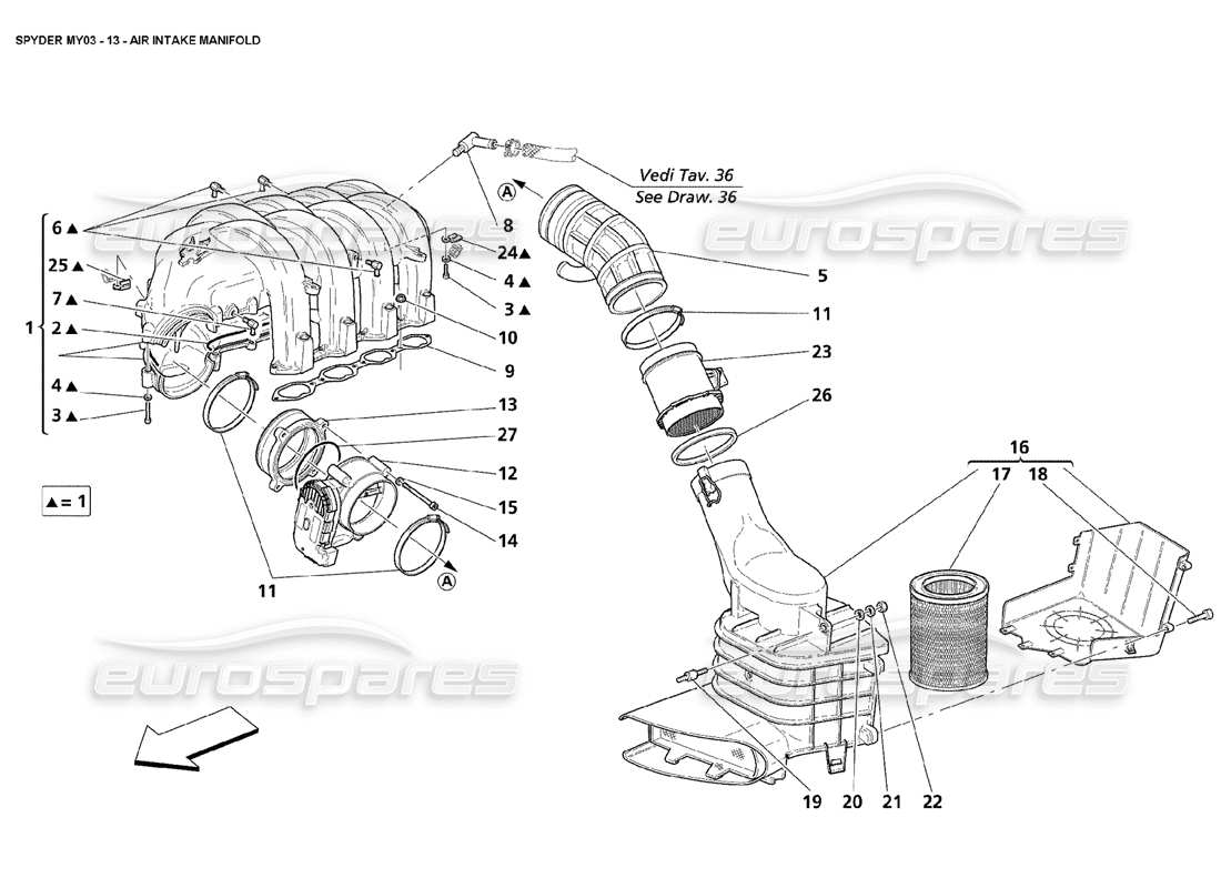 maserati 4200 spyder (2003) diagrama de piezas del colector de admisión de aire
