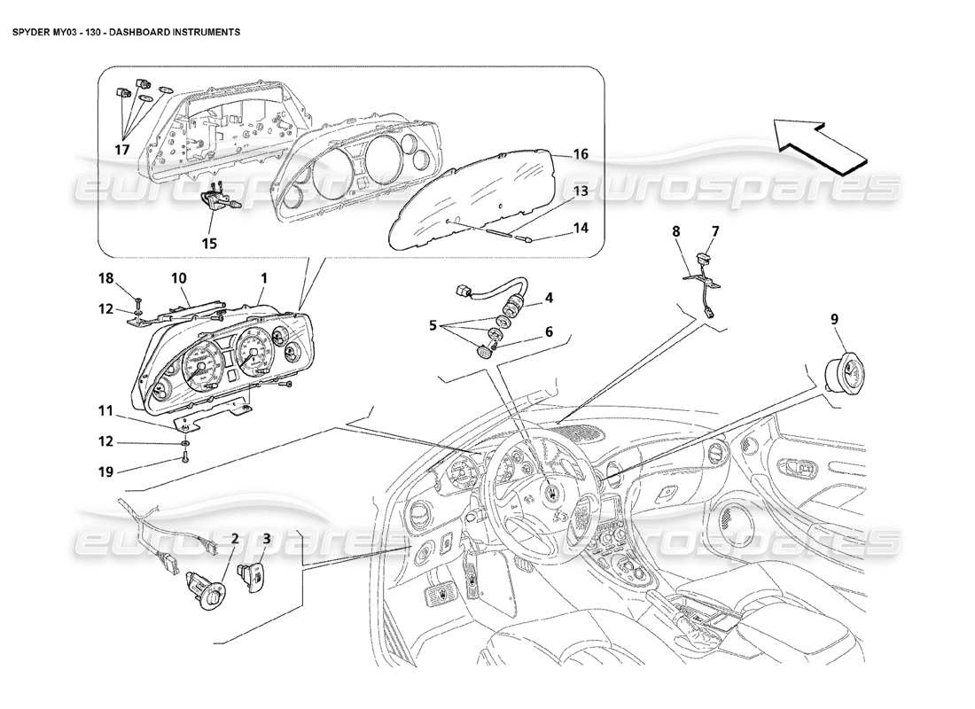 maserati 4200 spyder (2003) instrumentos del tablero diagrama de piezas