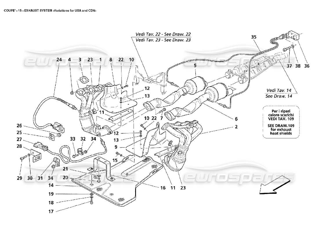 maserati 4200 coupe (2002) sistema de escape: variaciones para ee. uu. y diagrama de piezas cdn