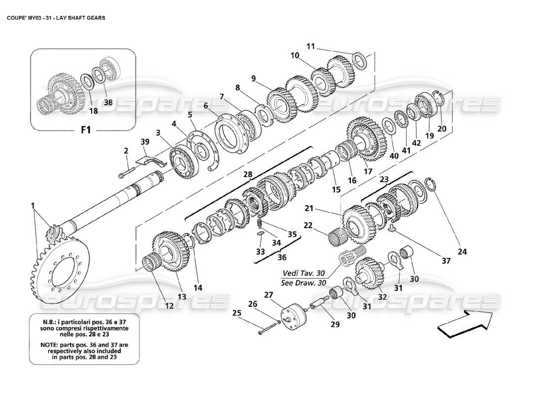maserati 4200 coupe (2003) diagrama de piezas de engranajes del eje de apoyo
