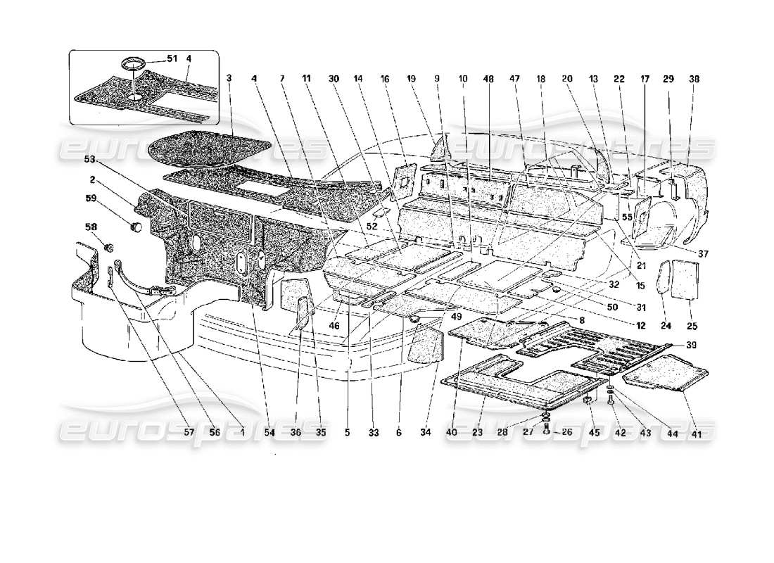 ferrari 512 m alfombra para maletero y paneles aislantes. diagrama de piezas