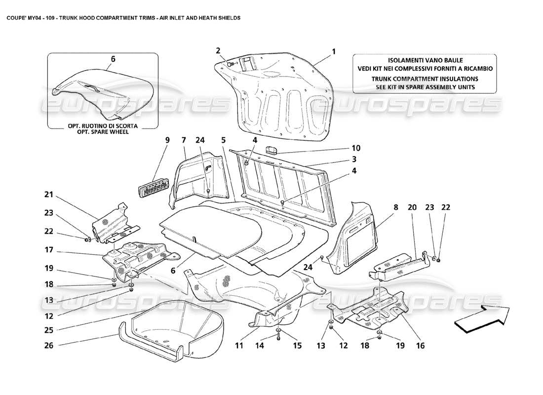 maserati 4200 coupe (2004) diagrama de piezas de los embellecedores del compartimento del capó del maletero, entradas de aire y protectores contra la salud
