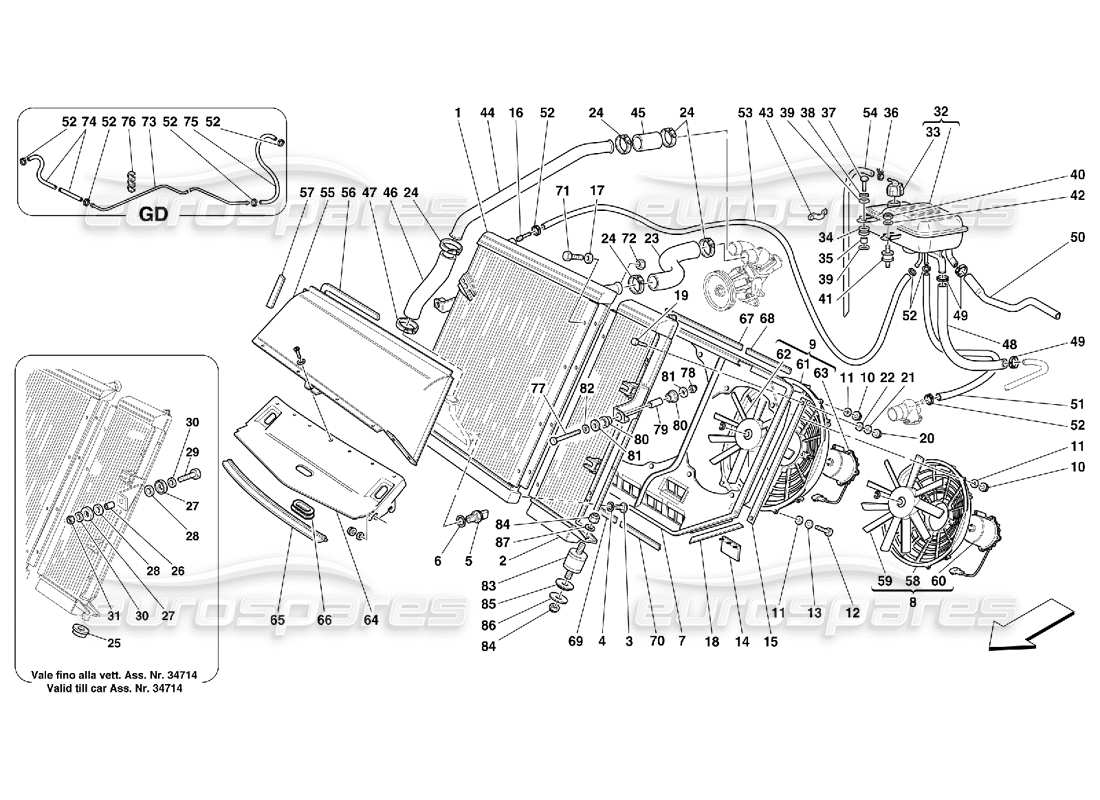 ferrari 456 m gt/m gta sistema de refrigeración: diagrama de piezas del radiador y nourice