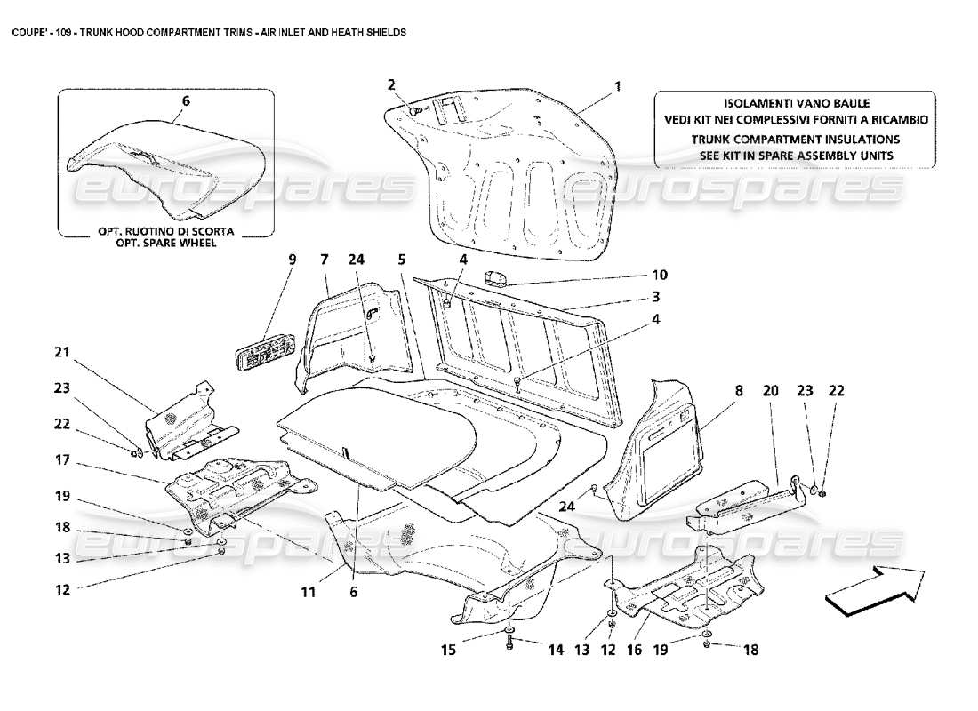 maserati 4200 coupe (2002) embellecedores del compartimento del capó del maletero: diagrama de piezas de protección contra la salud y entrada de aire