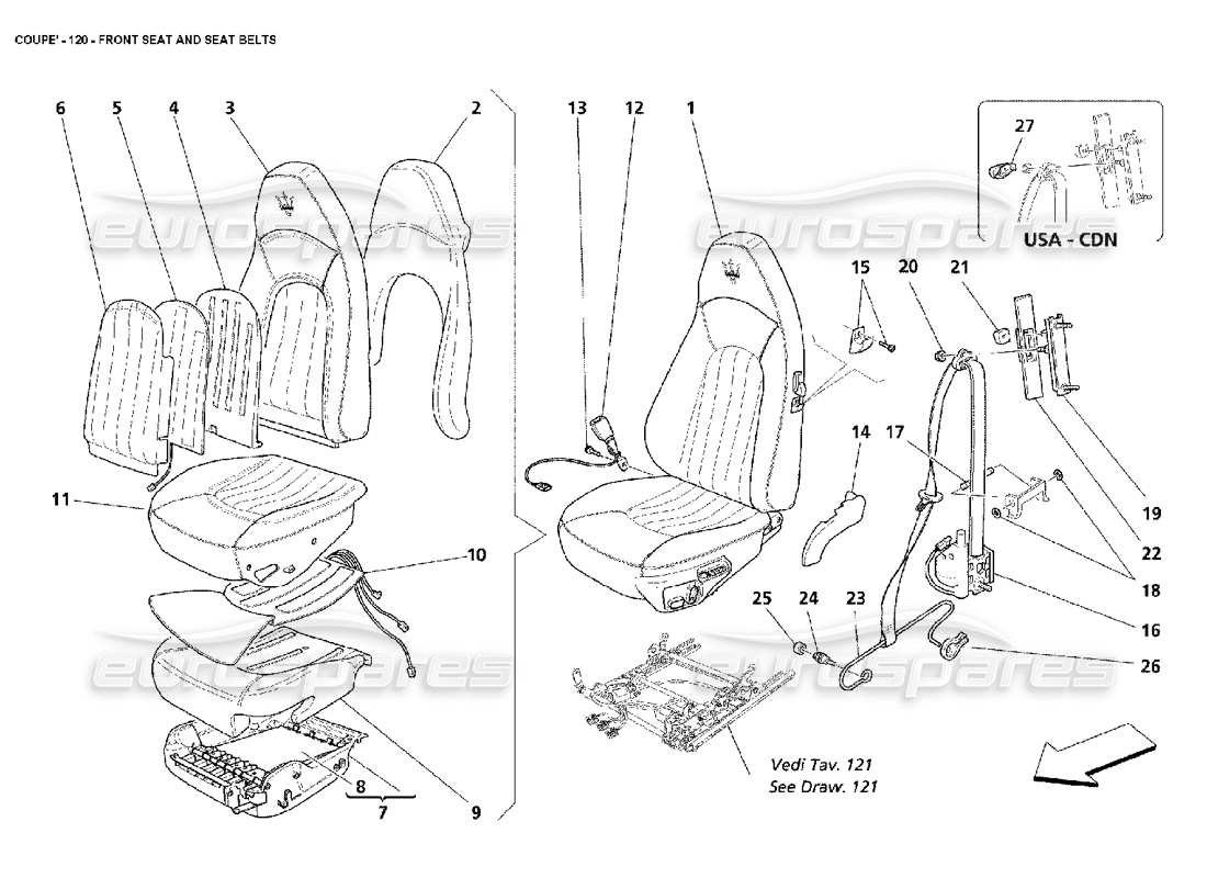 maserati 4200 coupe (2002) diagrama de piezas del asiento delantero y los cinturones de seguridad