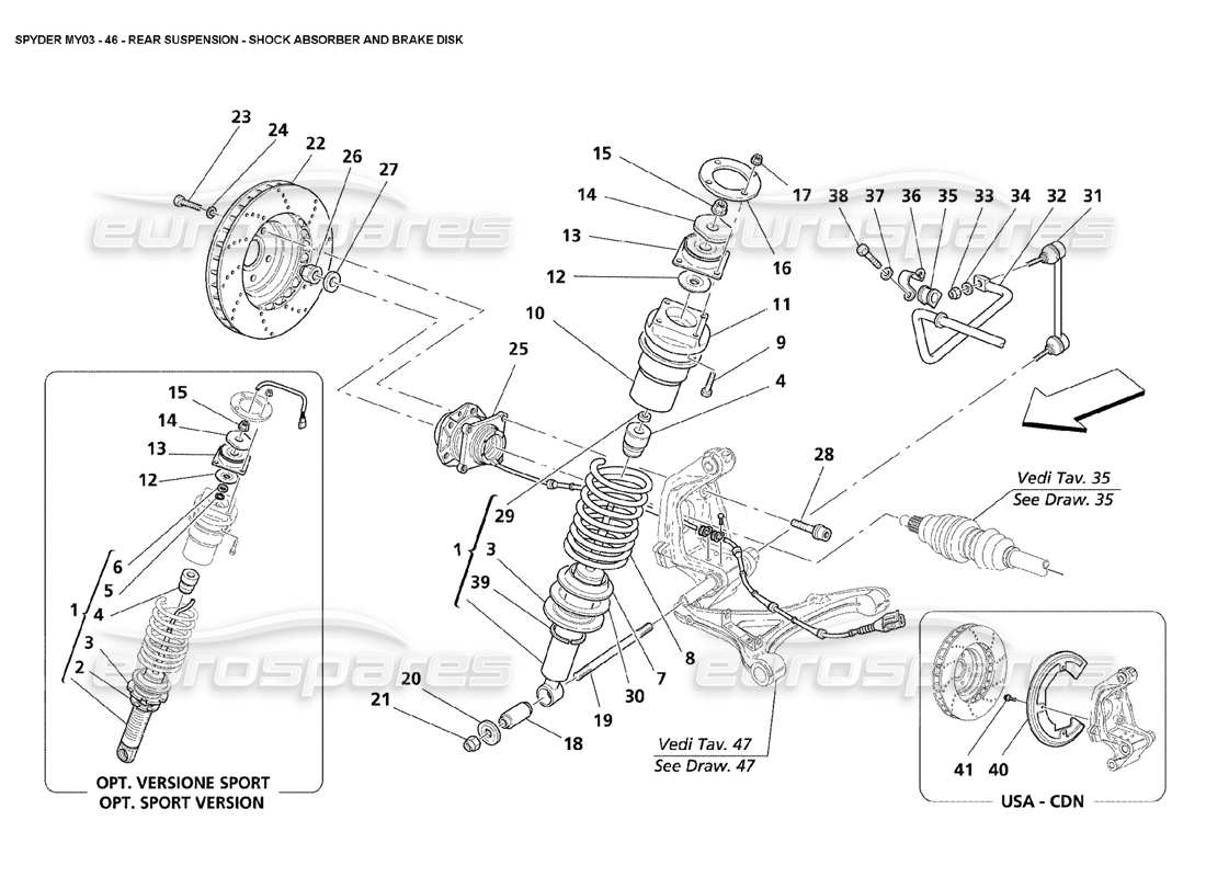 maserati 4200 spyder (2003) suspensión trasera: diagrama de piezas de amortiguadores y discos de freno