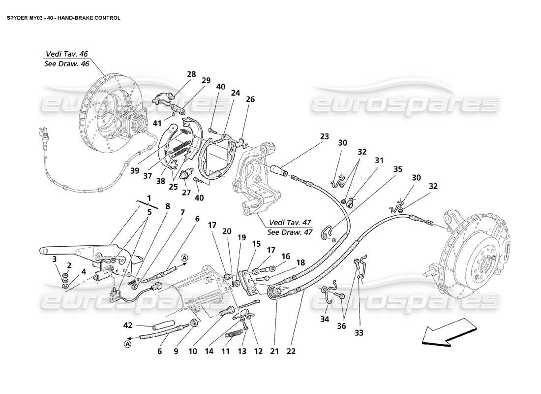 maserati 4200 spyder (2003) controles de freno manual diagrama de piezas