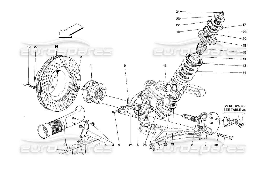 ferrari 512 m suspensión delantera - amortiguador y disco de freno diagrama de piezas
