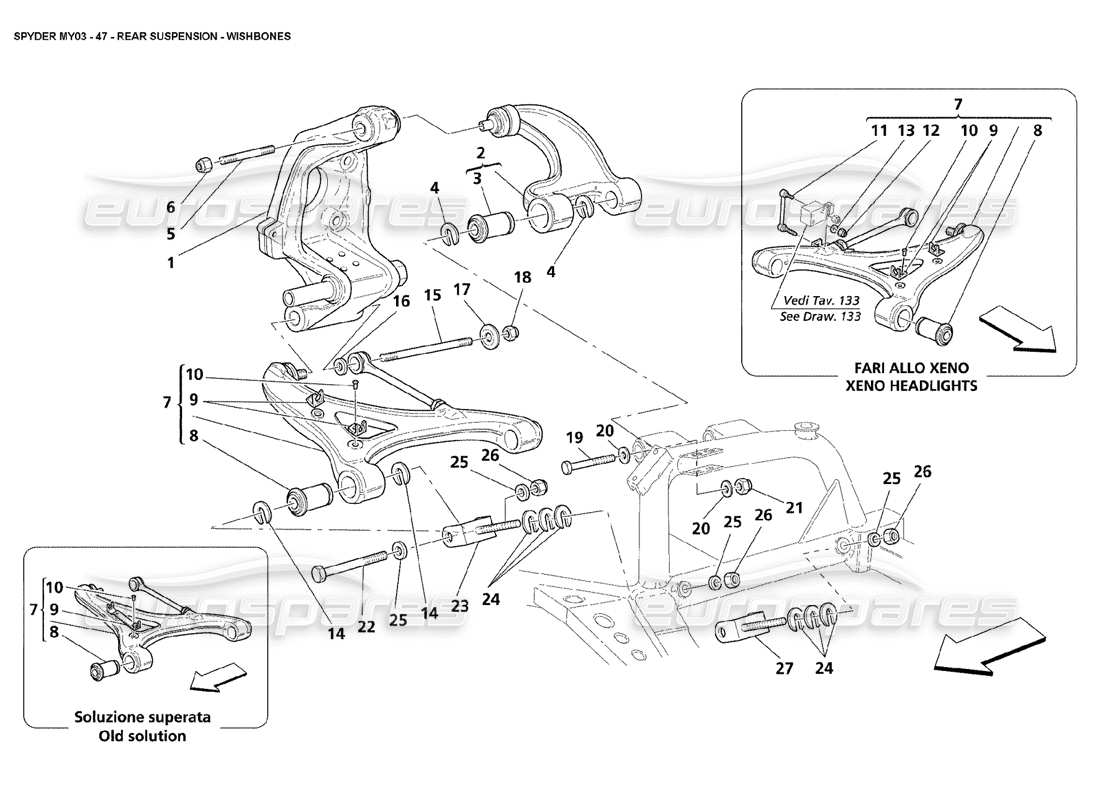maserati 4200 spyder (2003) suspensión trasera - diagrama de piezas de horquillas