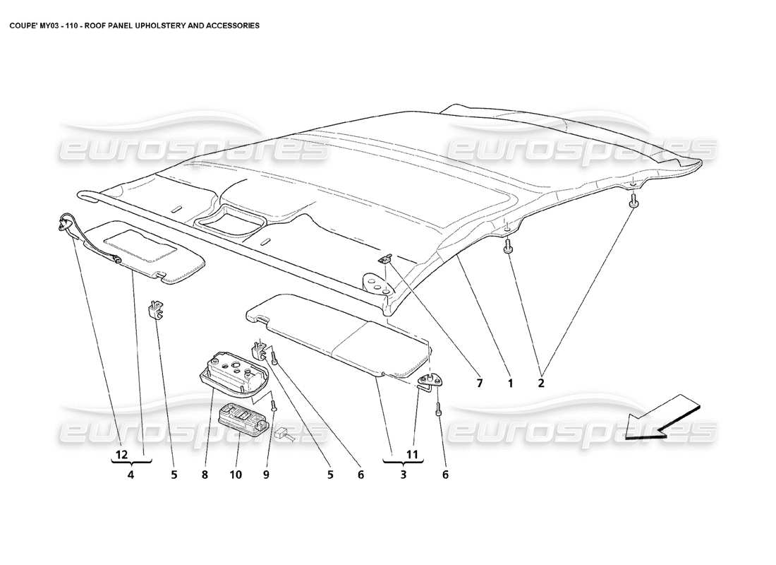 maserati 4200 coupe (2003) diagrama de piezas de tapicería y accesorios del panel del techo