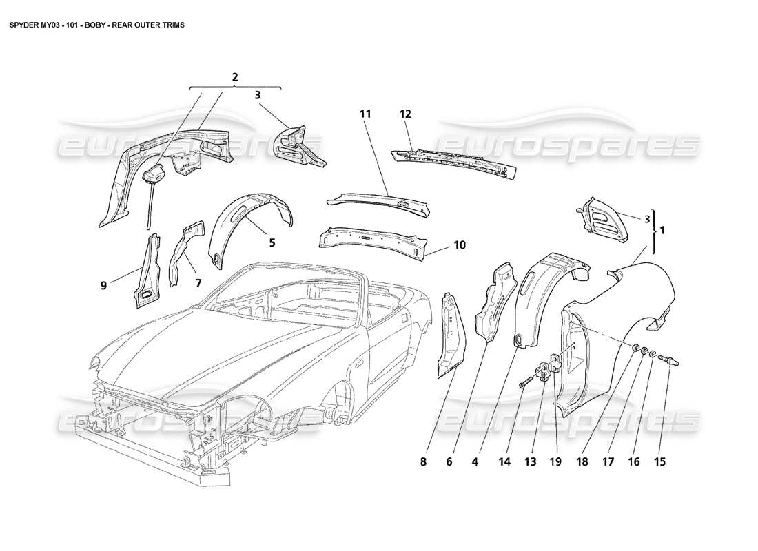 maserati 4200 spyder (2003) carrocería - diagrama de piezas de embellecedores exteriores traseros