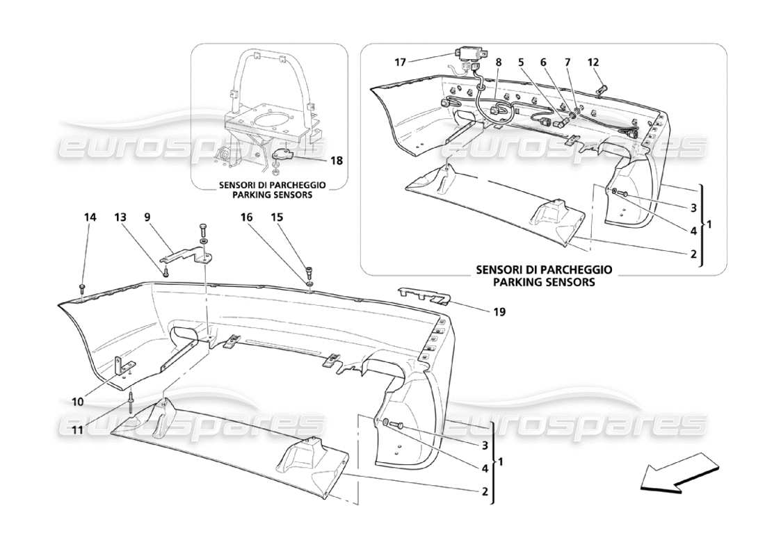 maserati 4200 spyder (2003) diagrama de piezas del parachoques trasero
