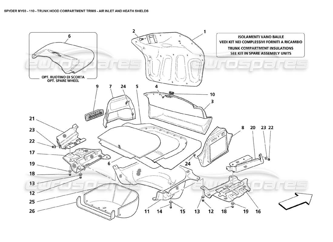 maserati 4200 spyder (2003) embellecedores del compartimento del capó del maletero: diagrama de piezas de protectores sanitarios y entrada de aire