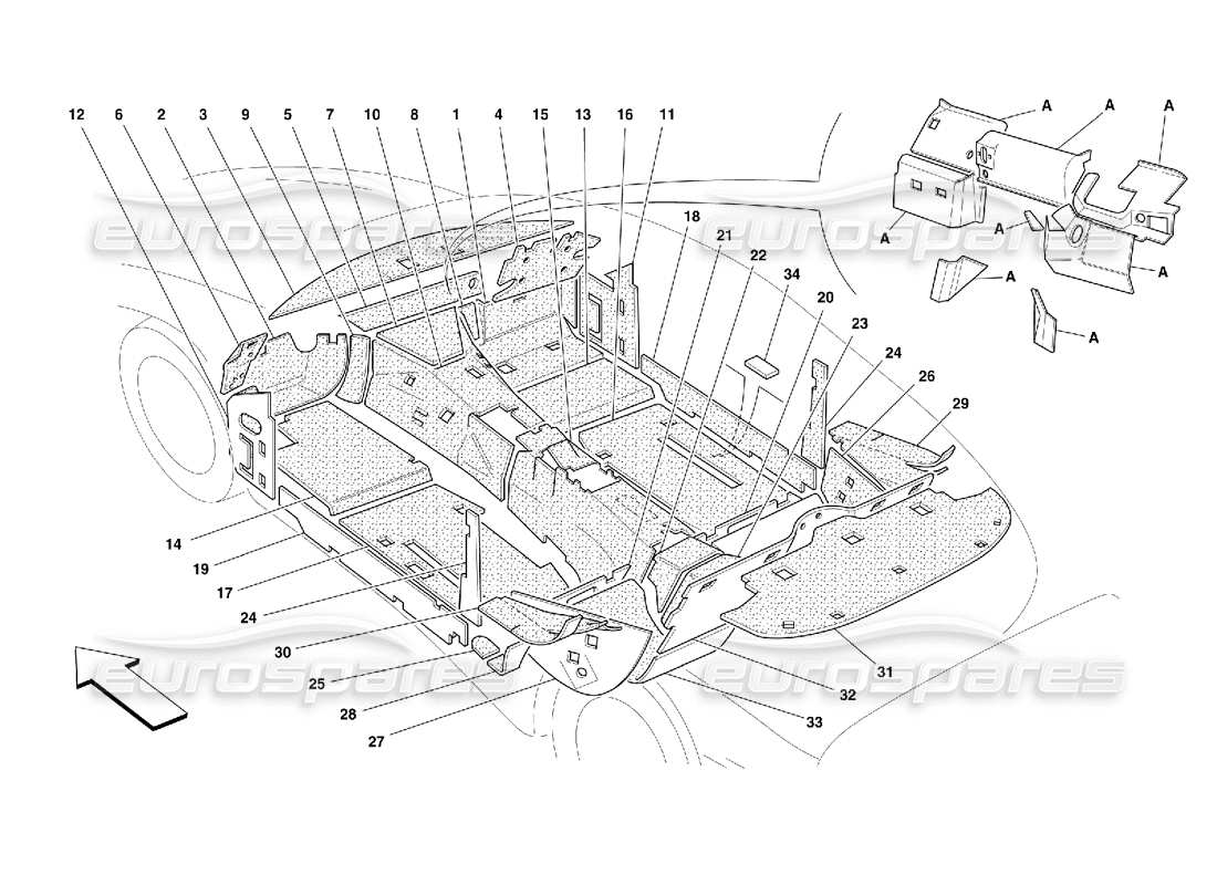 ferrari 456 m gt/m gta compartimiento de pasajeros. y compartimento del motor. diagrama de piezas de aislamientos