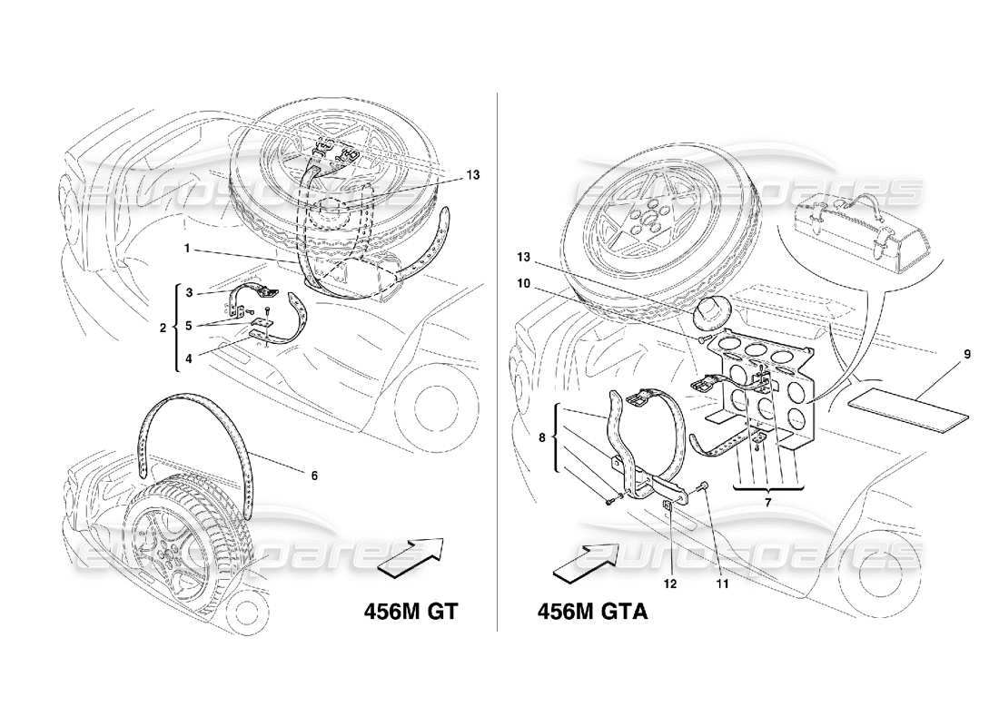 ferrari 456 m gt/m gta fijaciones para ruedas de repuesto diagrama de piezas