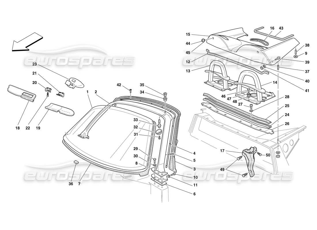 ferrari f50 pilar del parabrisas y barra antivuelco deportiva diagrama de piezas