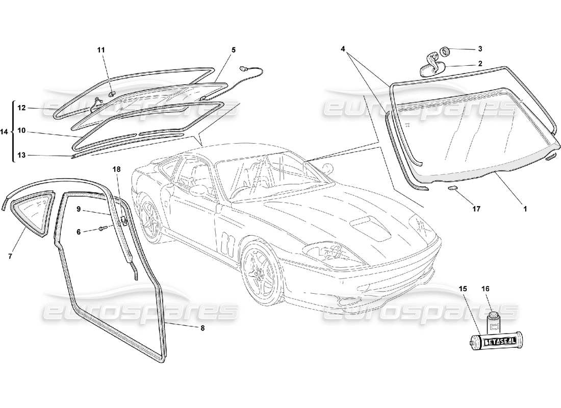 ferrari 550 maranello diagrama de piezas de vidrios y juntas