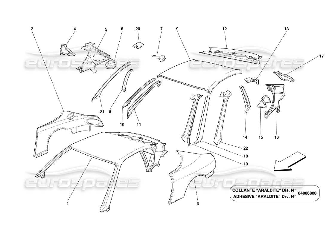 ferrari 456 m gt/m gta estructuras y componentes de paneles de techo diagrama de piezas