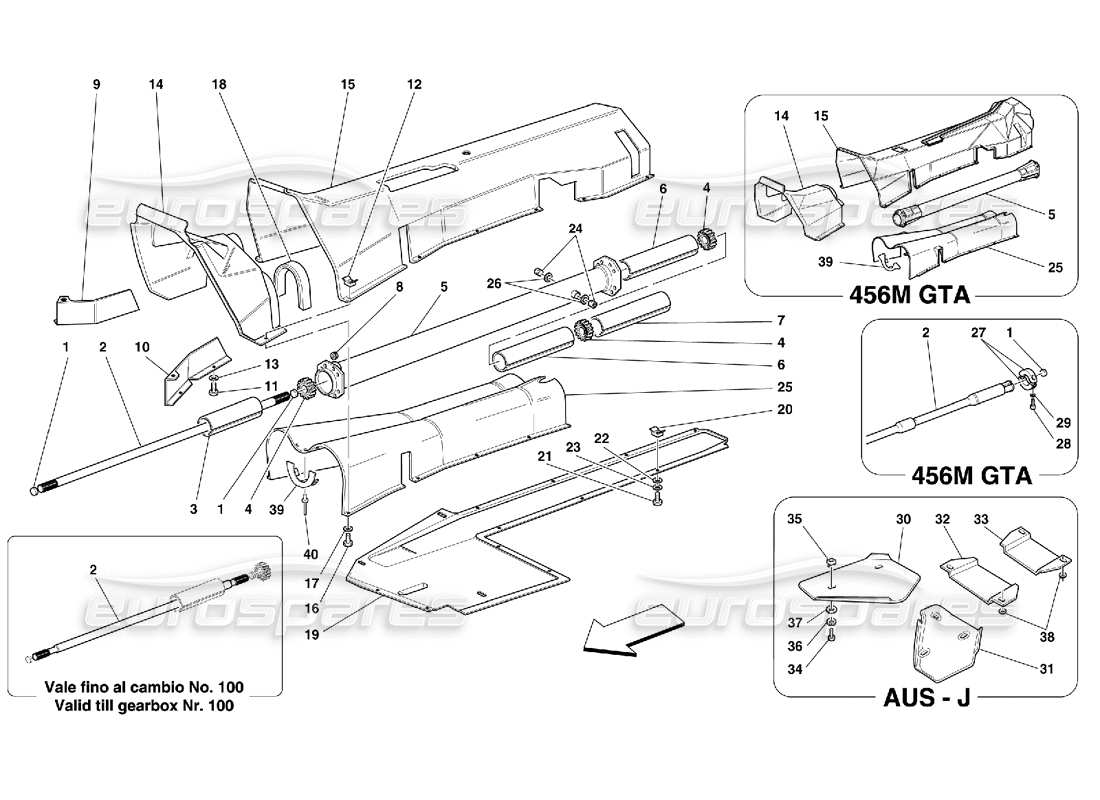 ferrari 456 m gt/m gta tubo de conexión del motor - diagrama de piezas de caja de cambios y aislamiento