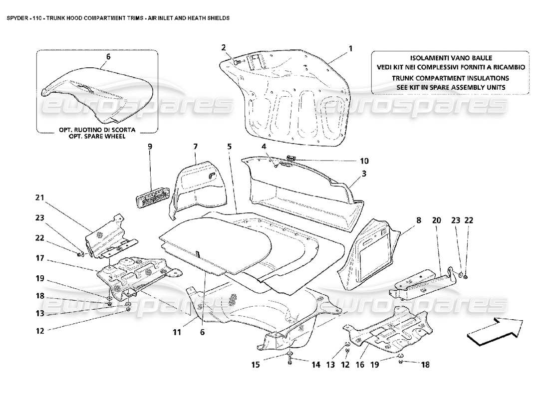 maserati 4200 spyder (2002) embellecedores del compartimento del capó del maletero: entrada de aire y protectores contra la salud diagrama de piezas