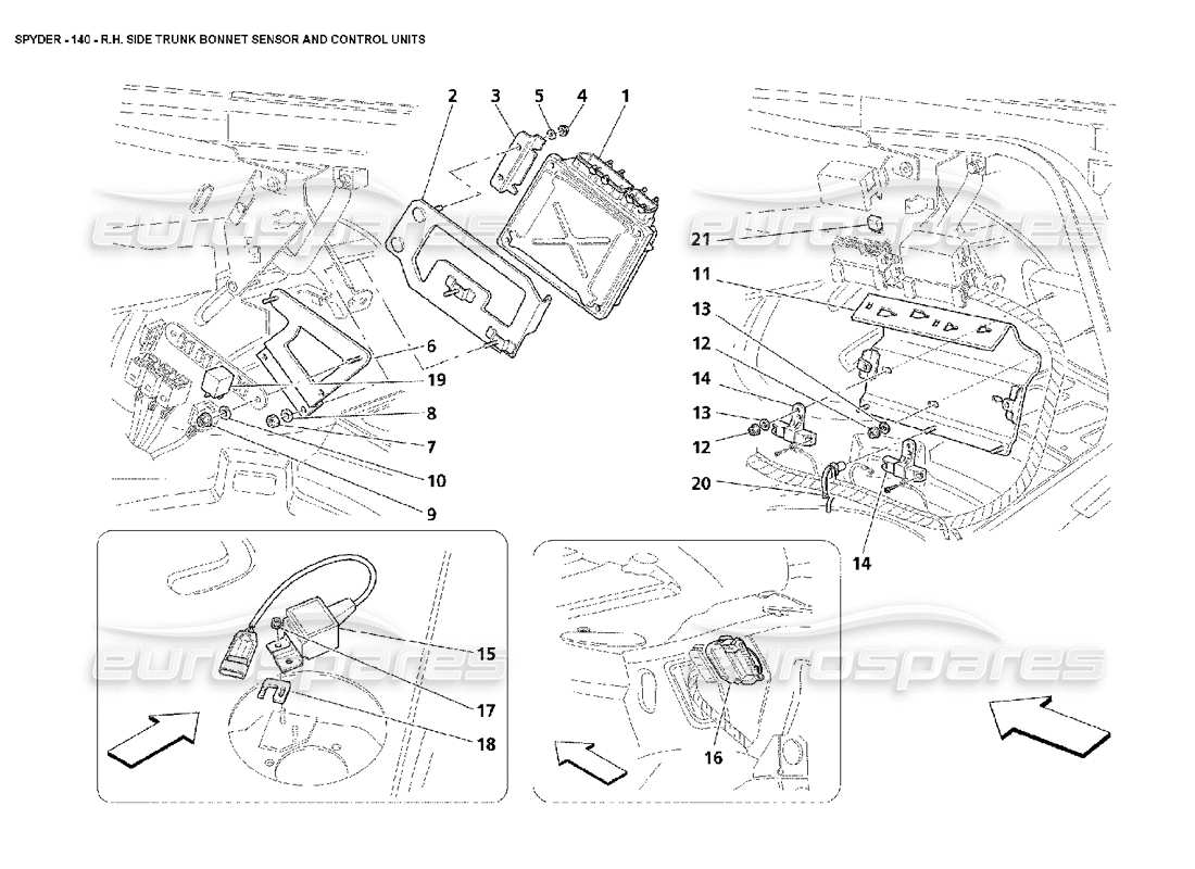 maserati 4200 spyder (2002) diagrama de piezas de las unidades de control y sensor del capó del maletero del lado derecho