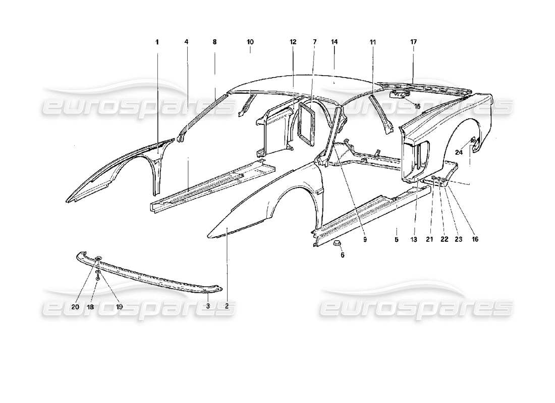 ferrari 512 m cuerpo - diagrama de piezas de componentes externos