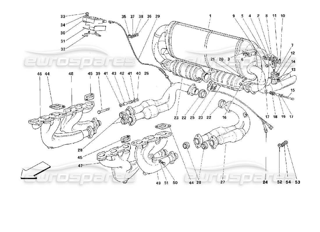 ferrari 512 m sistema de escape -válido para usa, cdn, aus, ch- diagrama de piezas