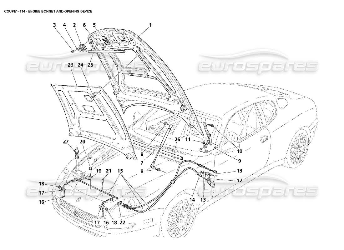 maserati 4200 coupe (2002) diagrama de piezas del capó del motor y del dispositivo de apertura