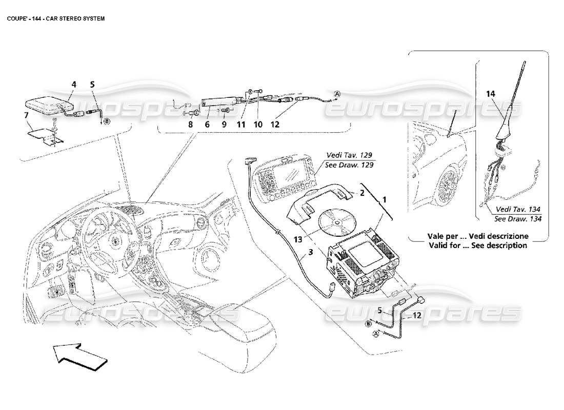 maserati 4200 coupe (2002) diagrama de piezas del sistema estéreo del automóvil