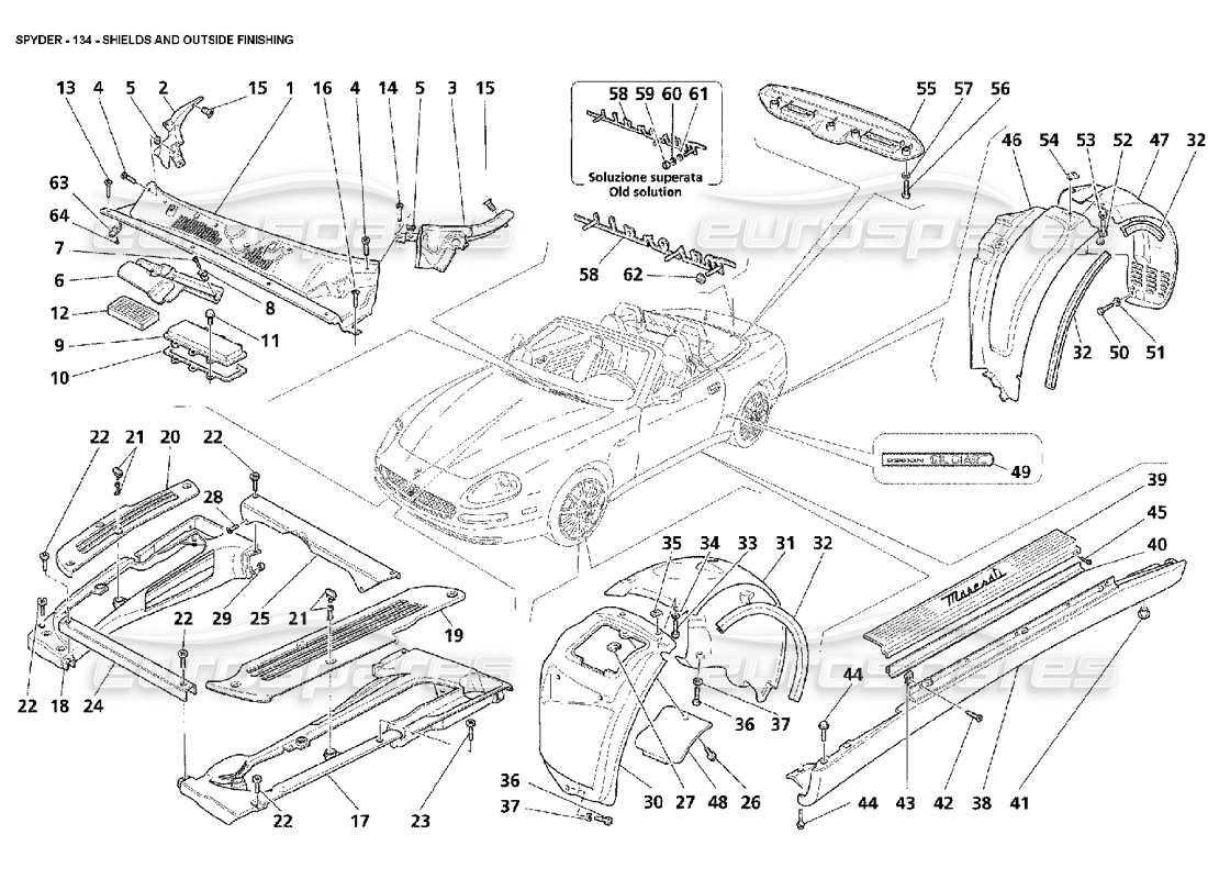 maserati 4200 spyder (2002) escudos y acabados exteriores diagrama de piezas
