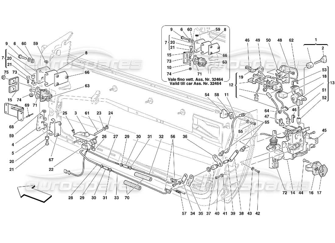 ferrari 456 m gt/m gta puertas: diagrama de piezas de control de apertura y bisagras