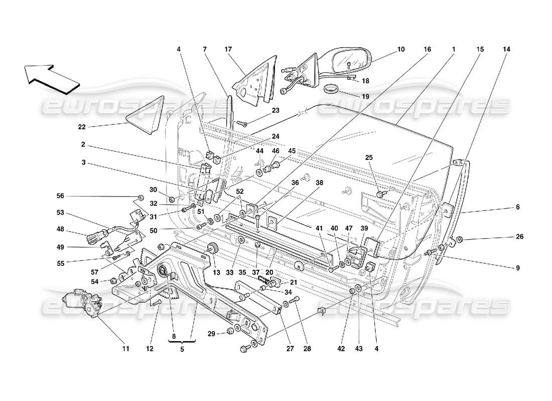 ferrari 456 m gt/m gta puertas: diagrama de piezas del elevalunas eléctrico y del espejo retrovisor