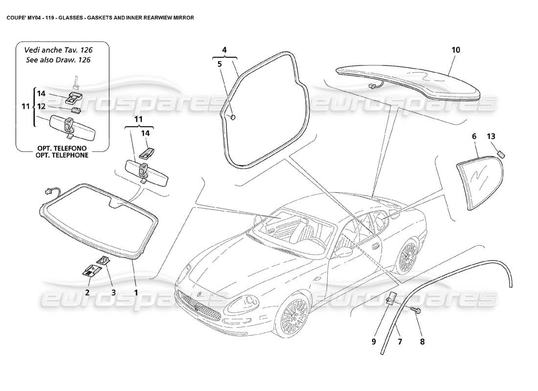 maserati 4200 coupe (2004) diagrama de piezas de juntas de gafas y espejo retrovisor interior