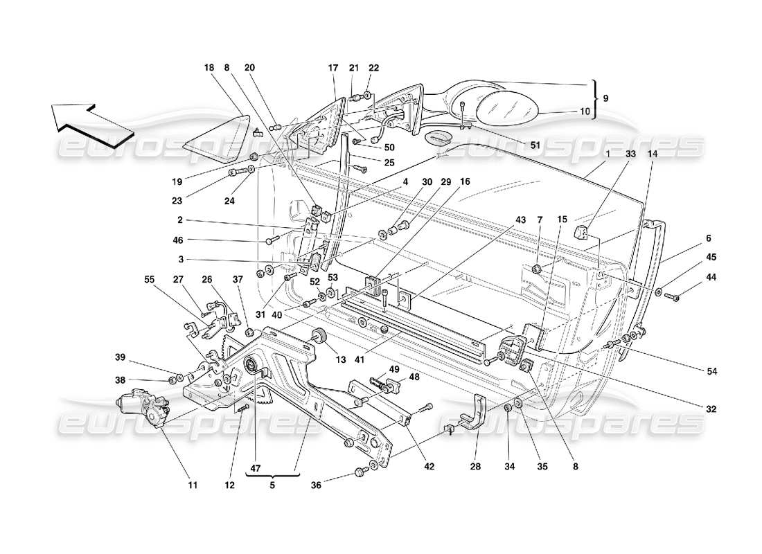ferrari 550 maranello puertas: diagrama de piezas del elevalunas eléctrico y del espejo retrovisor
