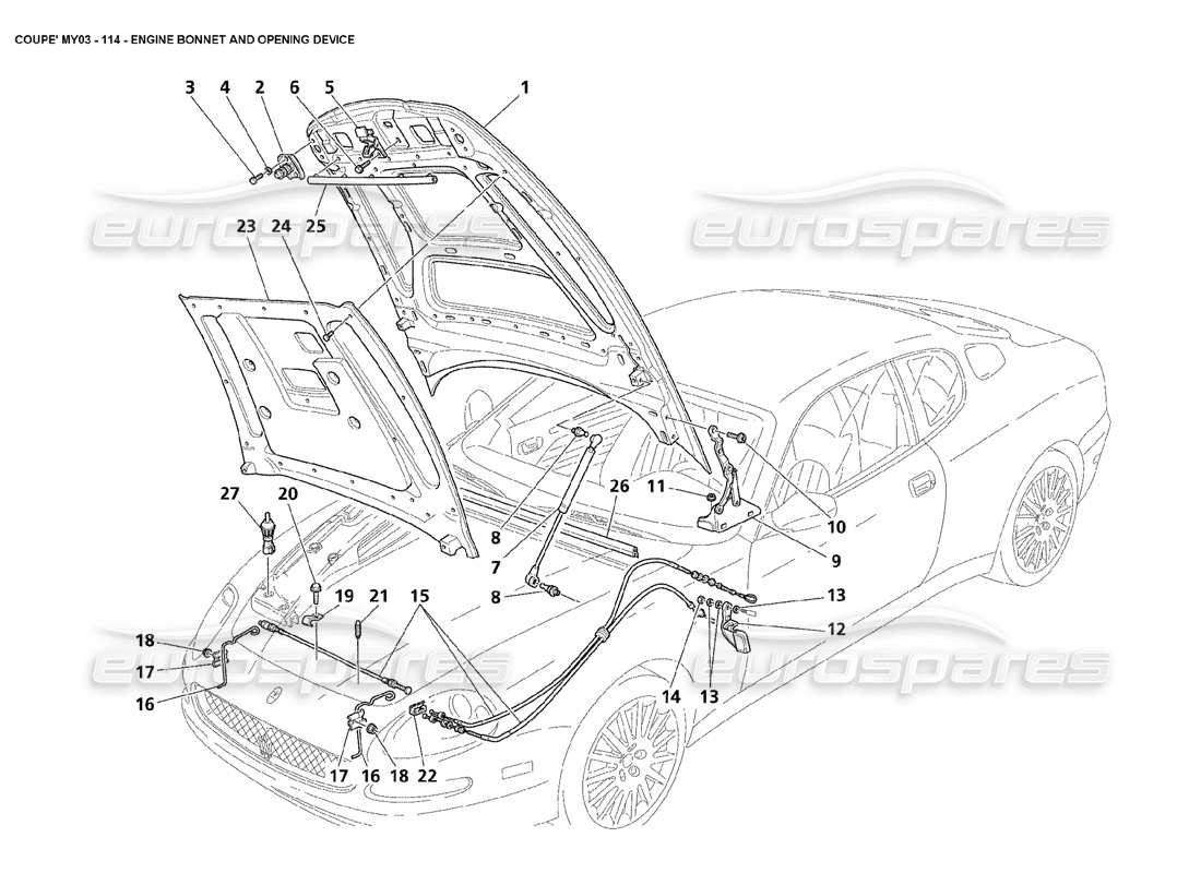 maserati 4200 coupe (2003) engine bonnet and openeing device part diagram