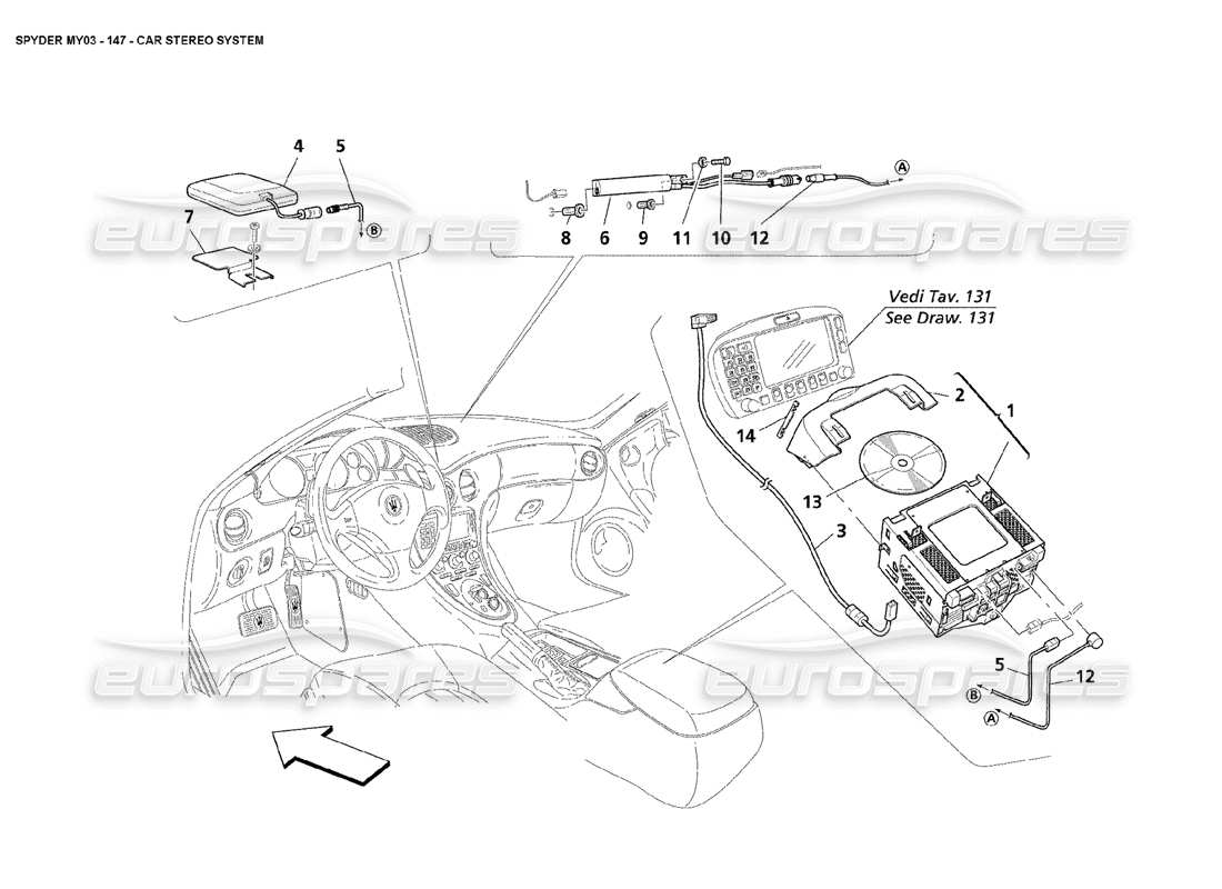 maserati 4200 spyder (2003) diagrama de piezas del sistema estéreo del automóvil
