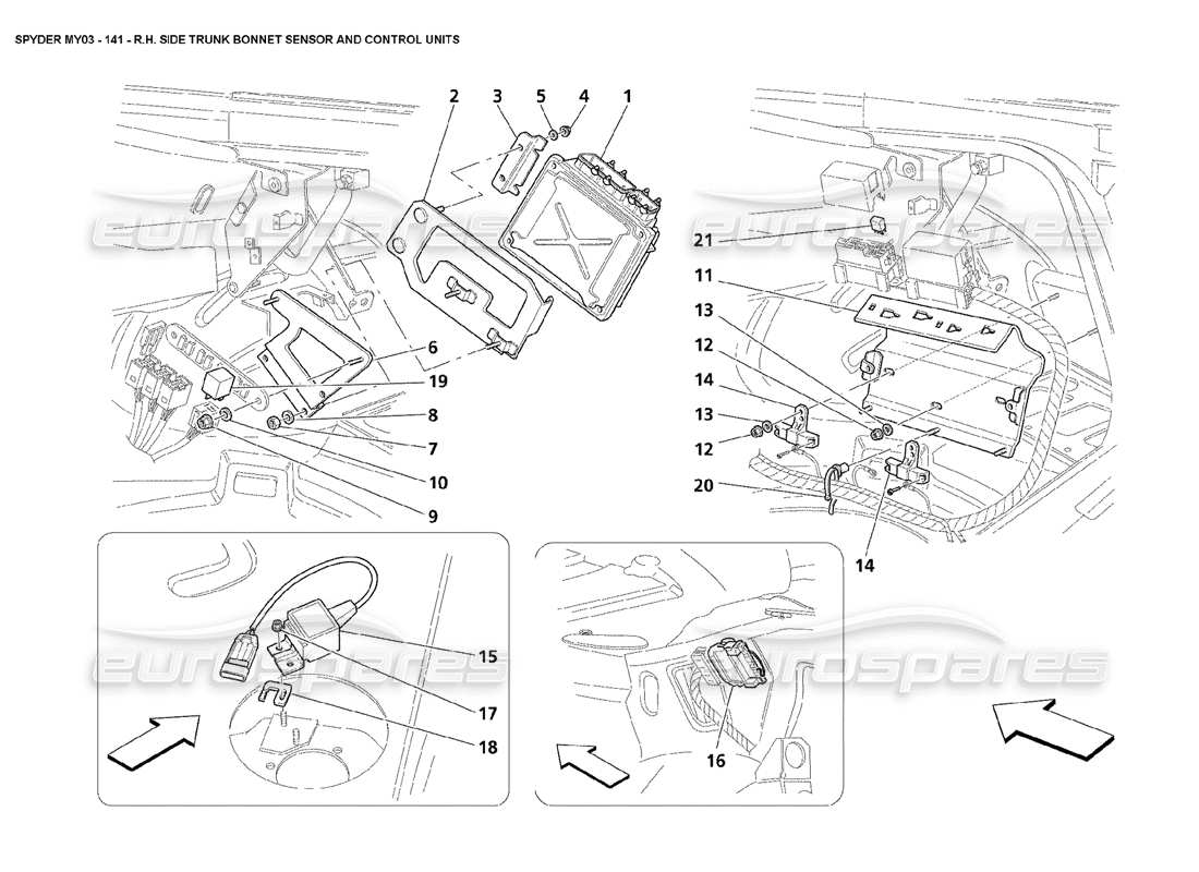 maserati 4200 spyder (2003) diagrama de piezas de las unidades de control y sensor del capó del maletero lateral derecho
