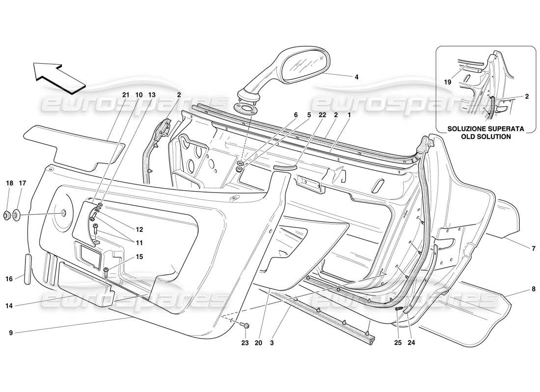 ferrari f50 puertas: molduras y espejo retrovisor diagrama de piezas