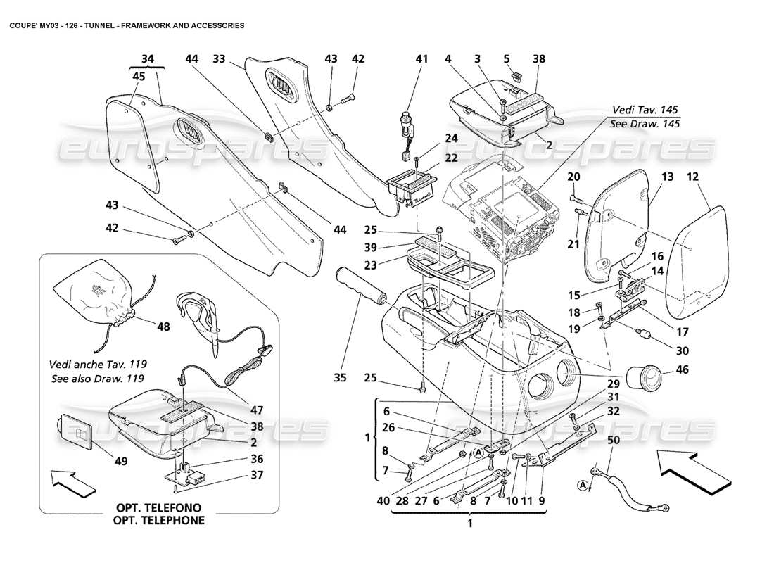 maserati 4200 coupe (2003) túnel: diagrama de piezas de estructura y accesorios