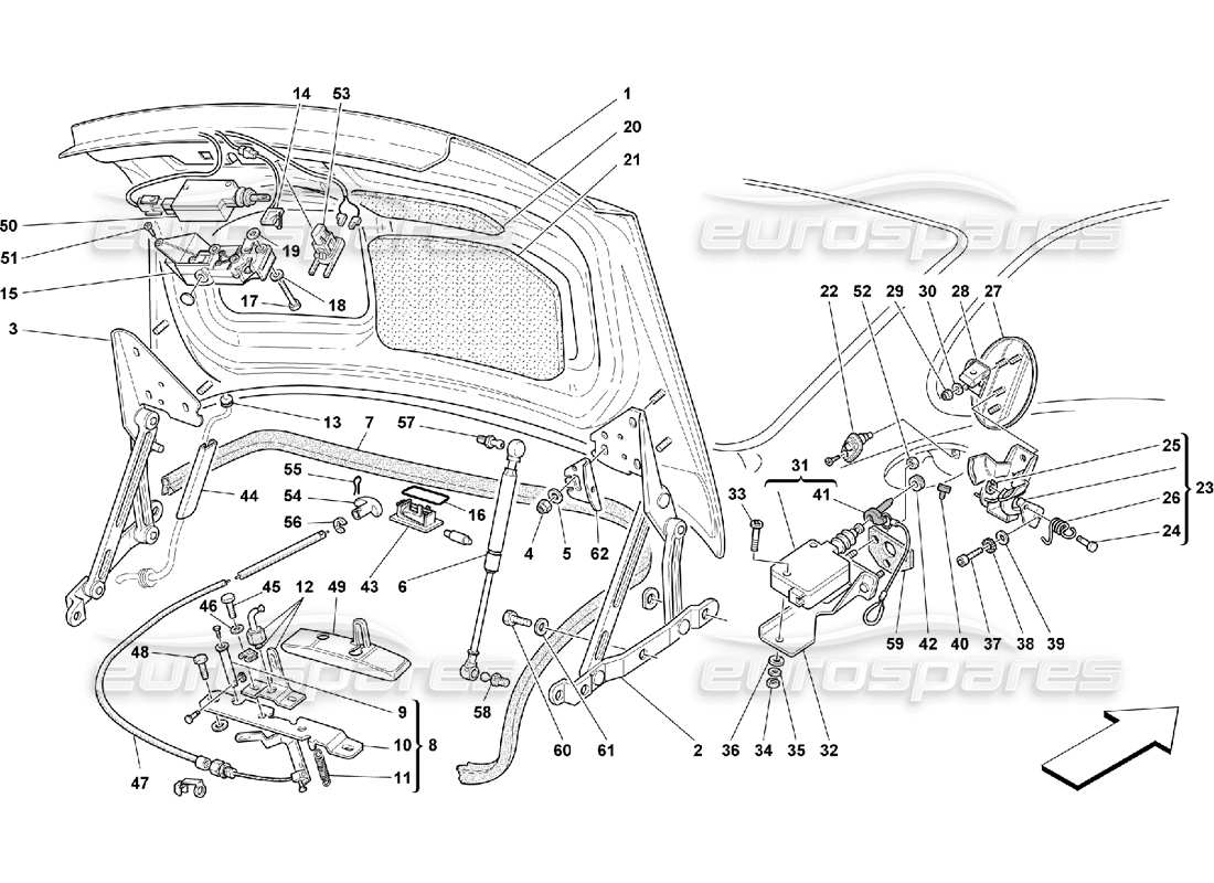 ferrari 550 maranello diagrama de piezas de la puerta del maletero y la cubierta de gasolina