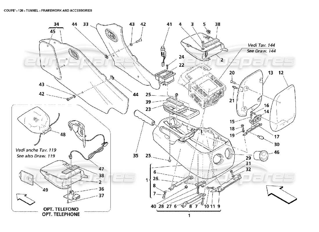 maserati 4200 coupe (2002) túnel: diagrama de piezas de estructura y accesorios