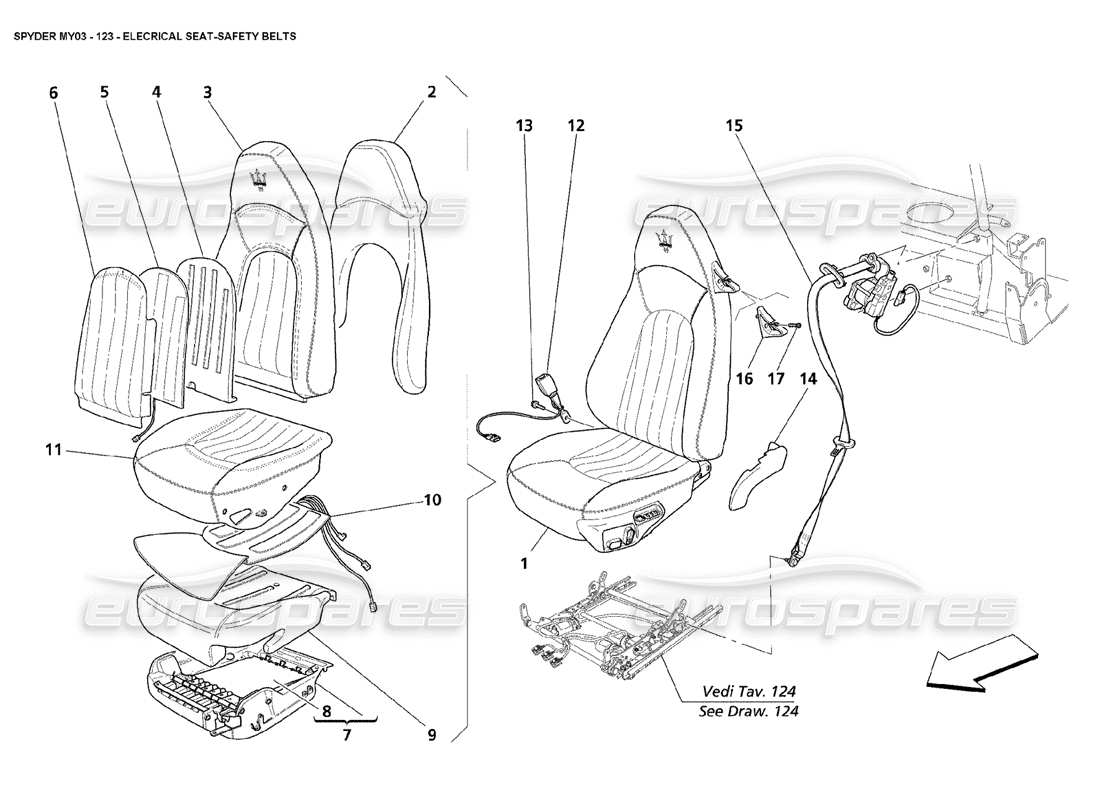 maserati 4200 spyder (2003) asiento eléctrico: diagrama de piezas del cinturón de seguridad