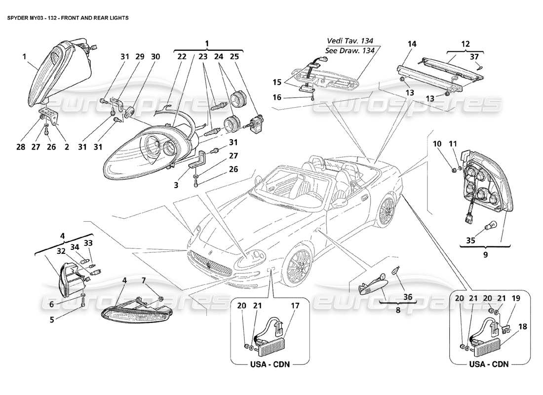 maserati 4200 spyder (2003) luces delanteras y traseras diagrama de piezas