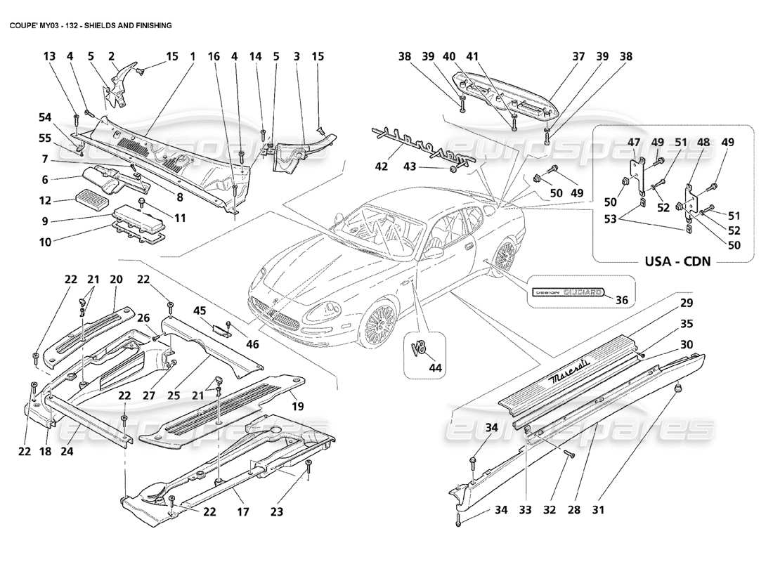 maserati 4200 coupe (2003) escudos y diagrama de piezas de acabado